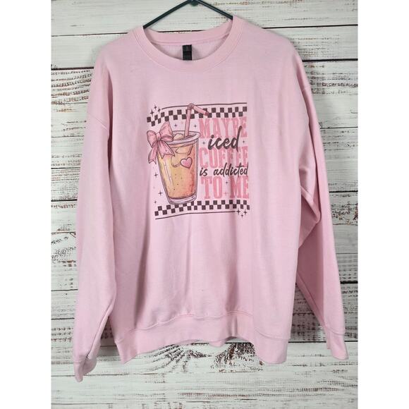 Gildan Heavy Blend Iced Coffee Sweatshirt L Womens Pink Long Sleeve Crew Neck - Picture 1 of 7